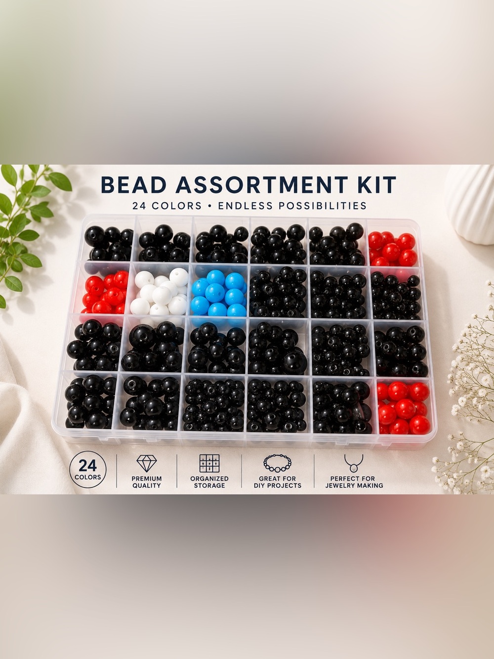 Bead Assortment Kit - Black, Red, White, Blue Beads for Women Jewelry Bracelets